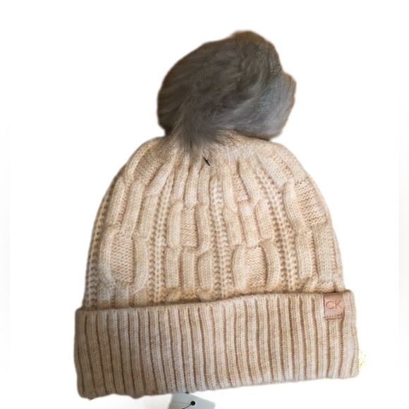 Calvin Klein Accessories - Calvin Klein Faux Fur Pom Cable Knit Beanie